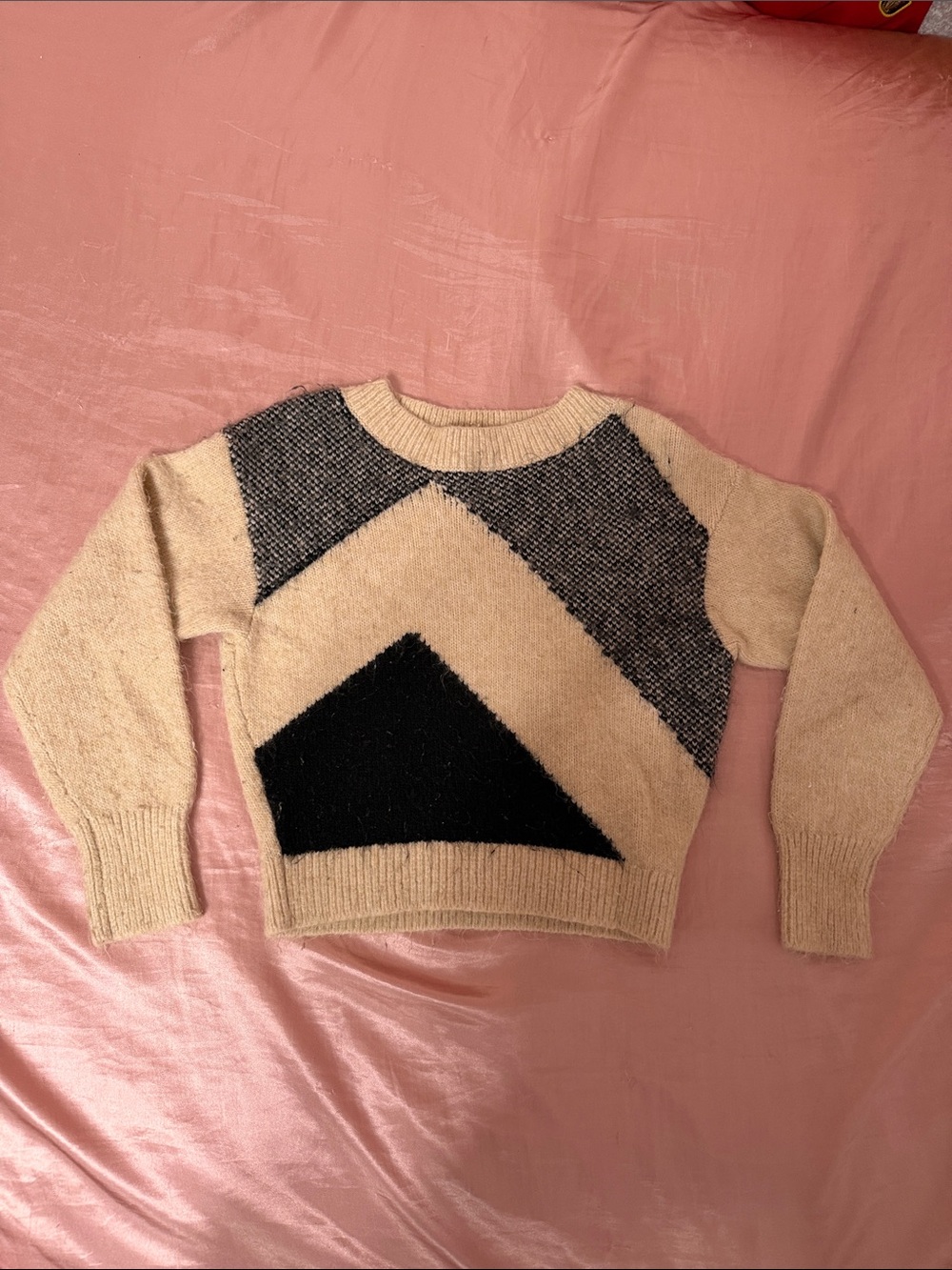 Express Cream Crewneck Sweater with Black & Gray Geometric Panels